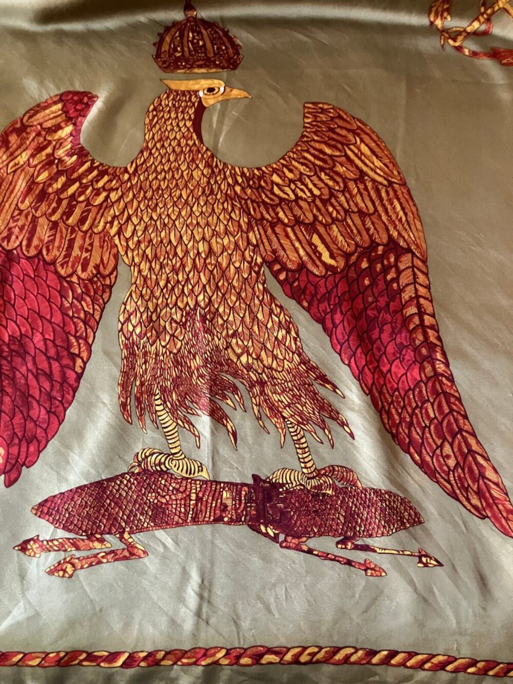 Metropolitan Museum of Art Olive Red Bird Silk Square Scarf Wrap Handkerchief